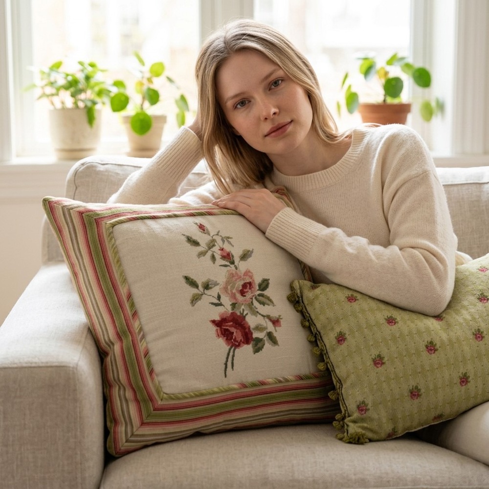 Vintage Romantic Floral‎ Pillow Set Embroidered Cottagecore French Country Decor